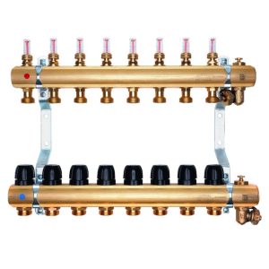 Rozdeľovač 2 okruhy mosadz s mechanickými prietokomermi